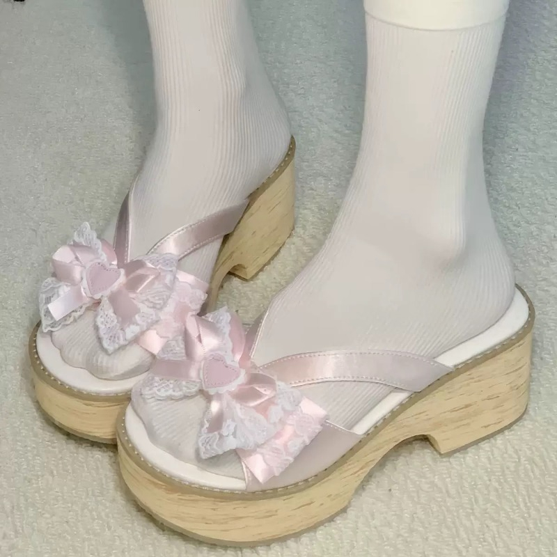 Wide Fit Heels - Süße Schleifen-Holzmaserung Plateau-Slipper für Damen –