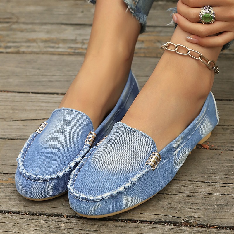 Loafer Flat Women - Modische Hellblaue Denim-Mokassins Slip-On Flache Loafer